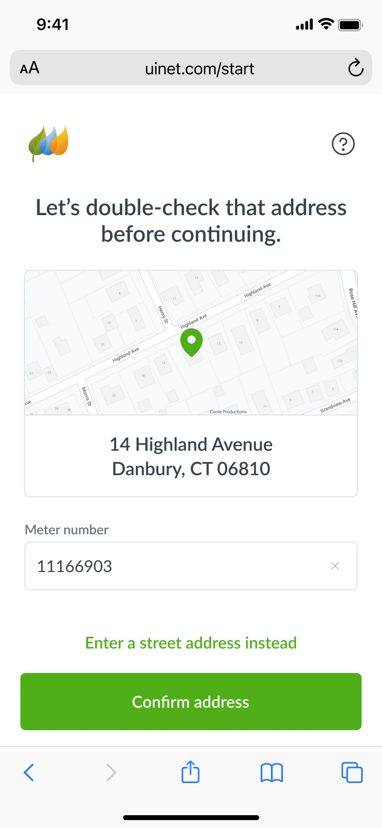 Address confirmation step with a map, the service address and a meter number field