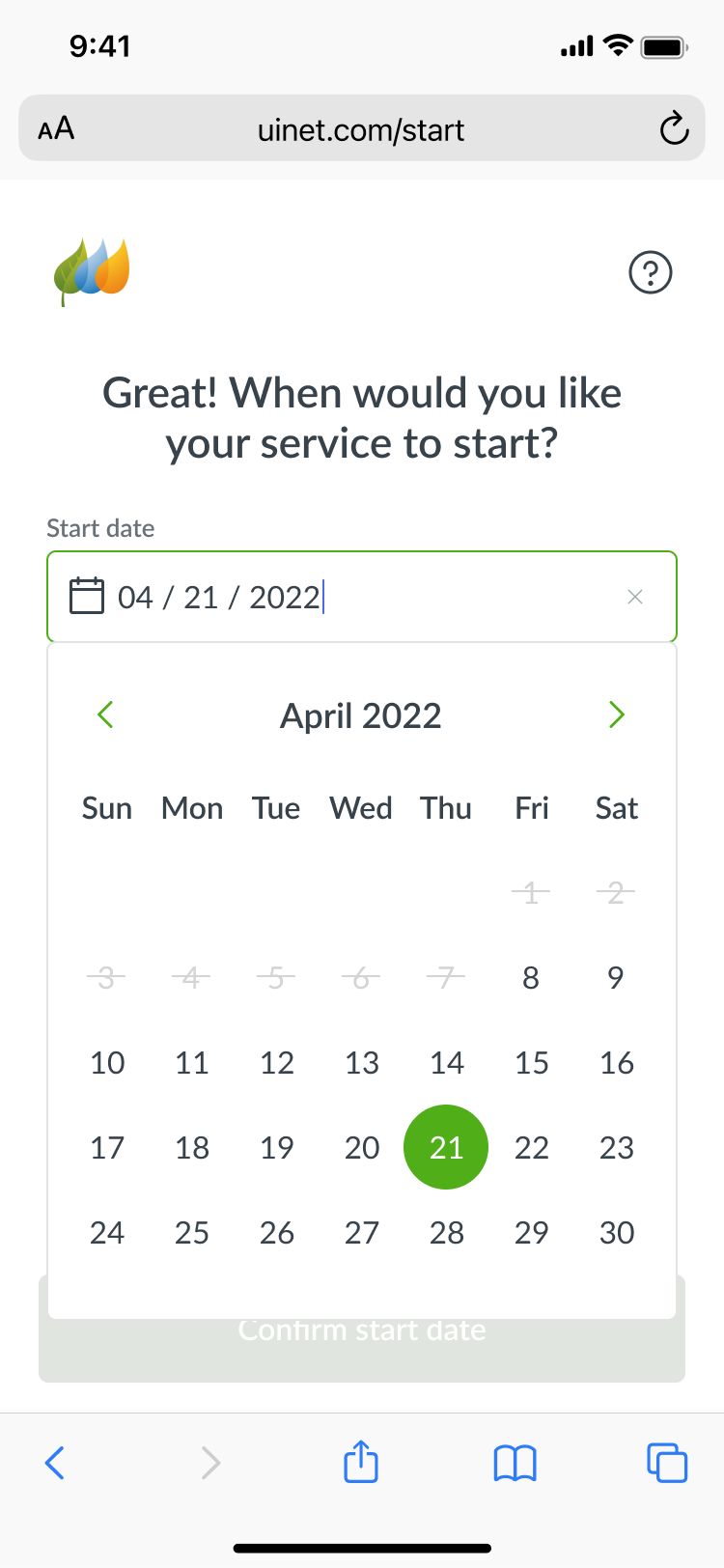 Mobile start date step with an April 2022 calendar and April 21 selected