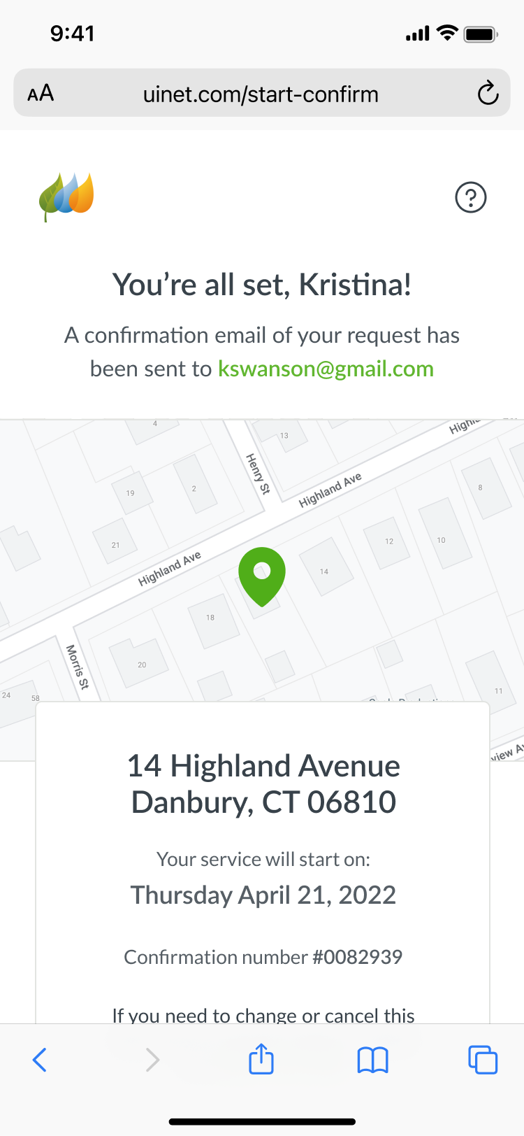 Mobile confirmation step with the service address, start date, and confirmation number