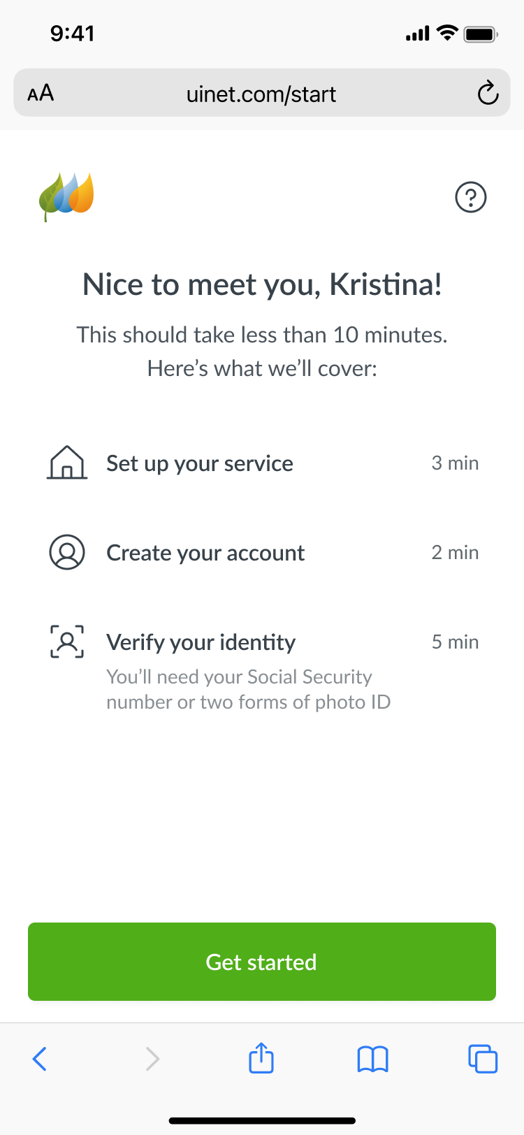 Expectations step saying the process should take less than 10 minutes and listing three parts: set up your service, create your account, and verify your identity