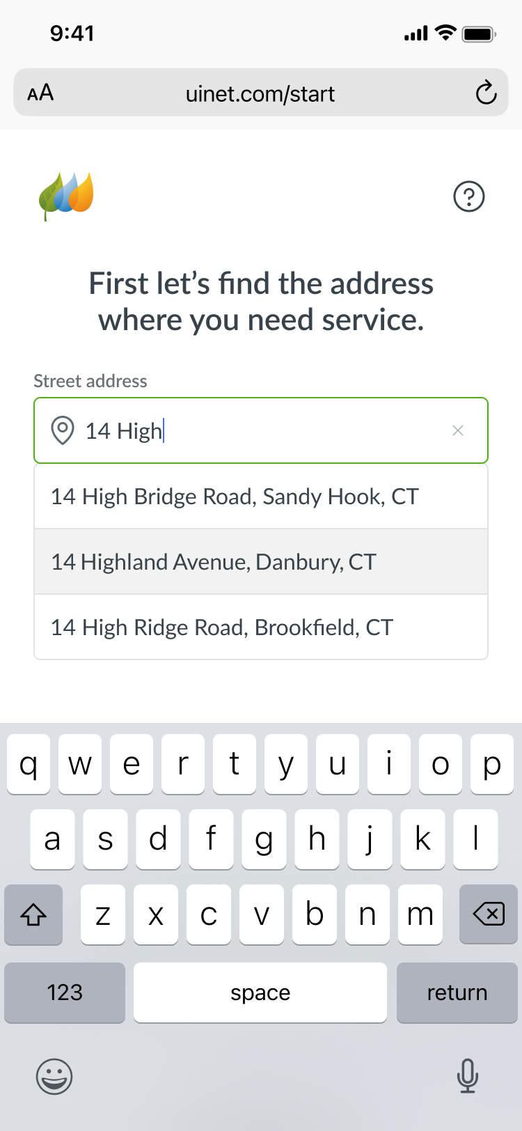Address step with a street address field suggesting matching addresses as the customer types