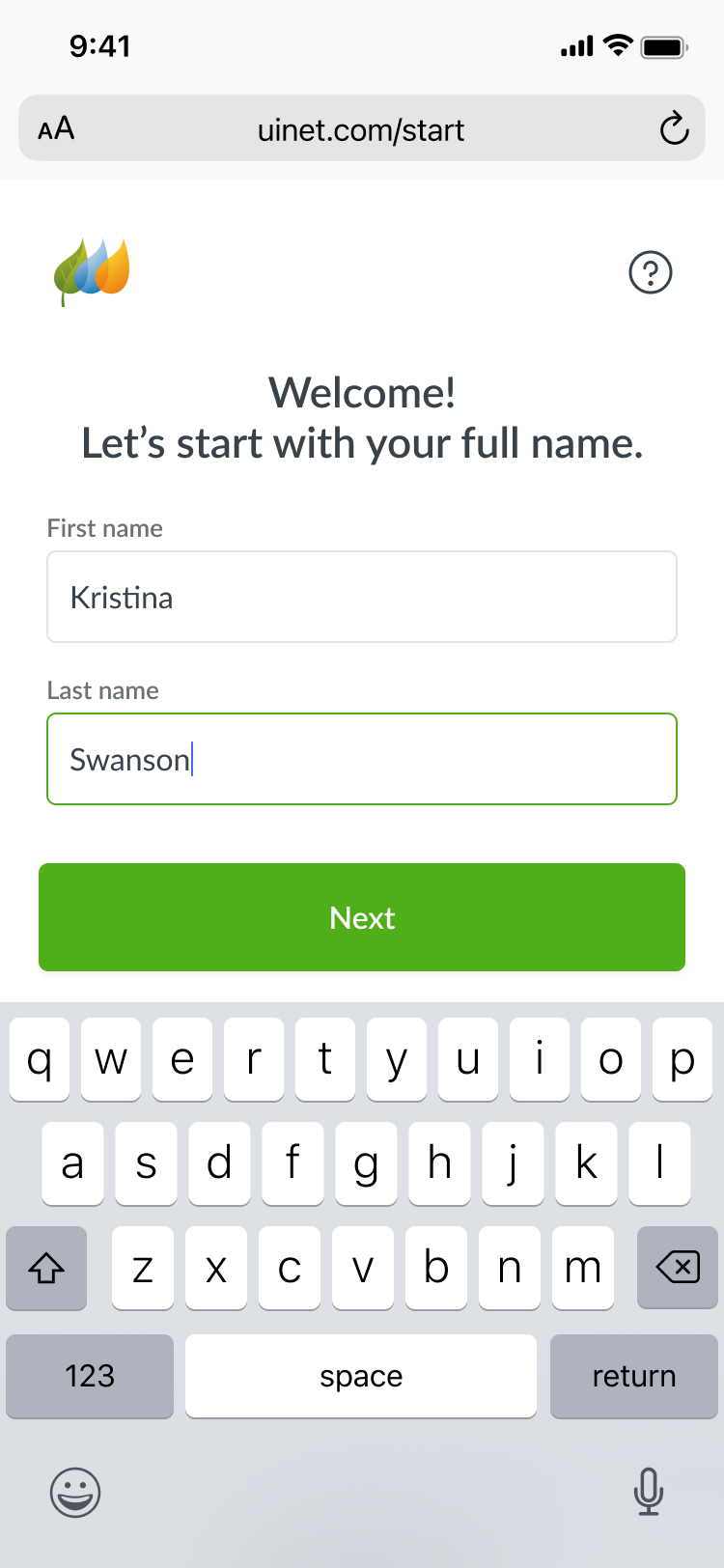 Mobile name step with first and last name fields and a Next button