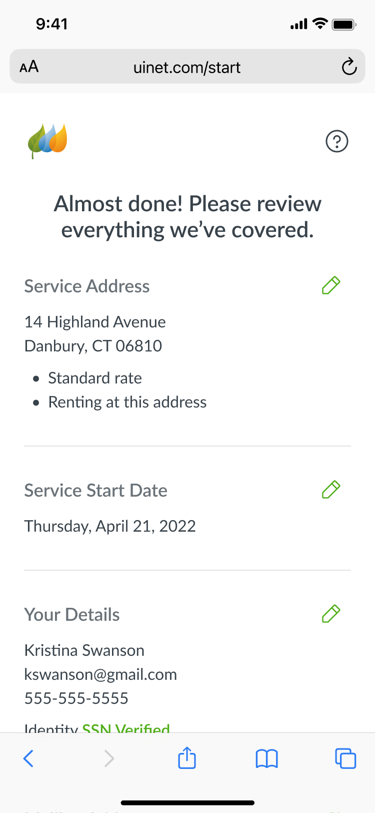 Review step, “Almost done!”, listing the service address, start date, and details with edit buttons