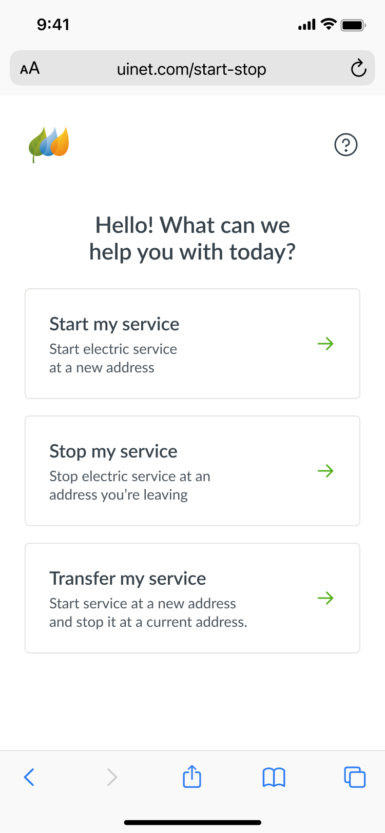 Start page asking “Hello! What can we help you with today?” with options to start, stop, or transfer service