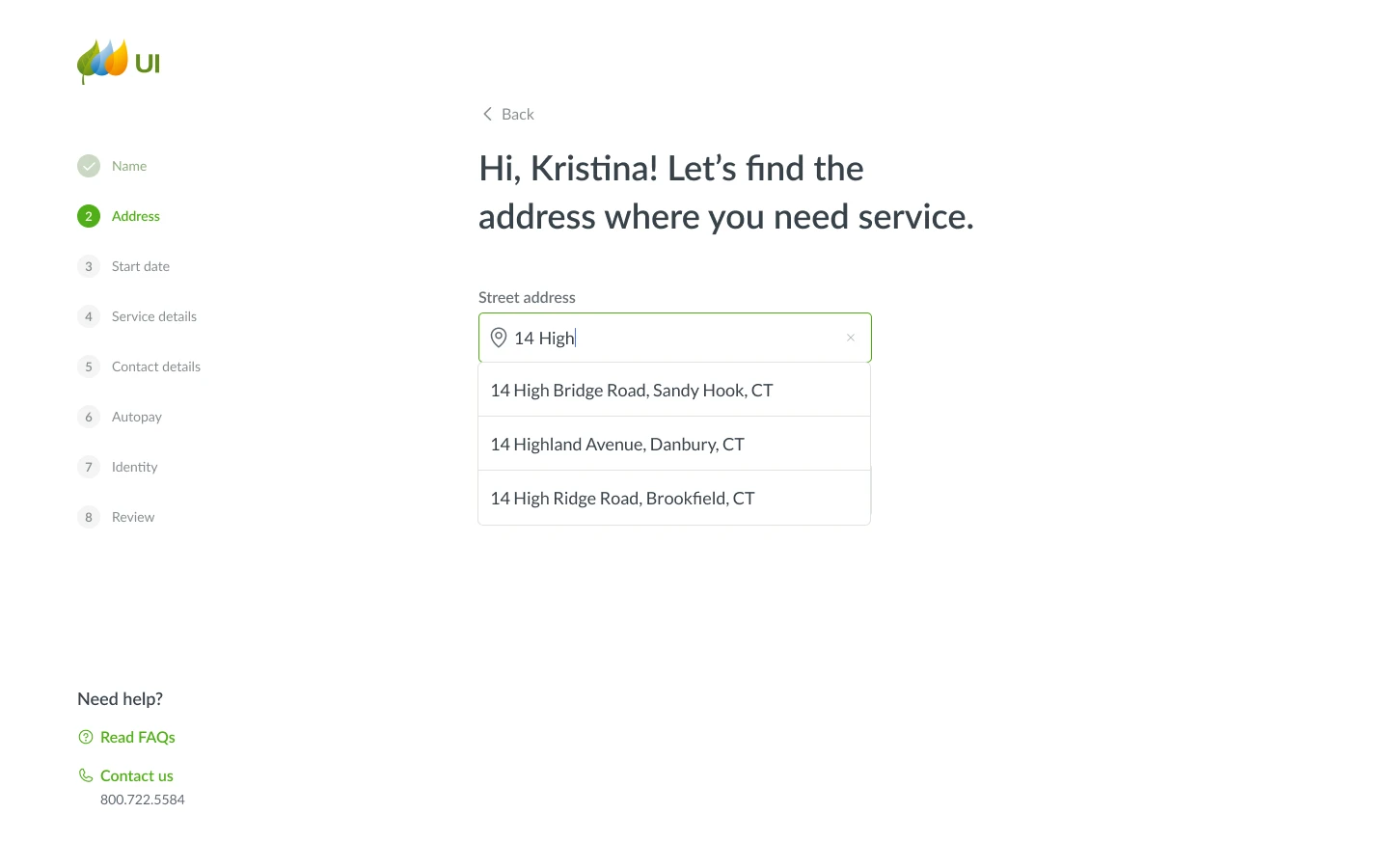 Web address step with a street address field suggesting matching addresses