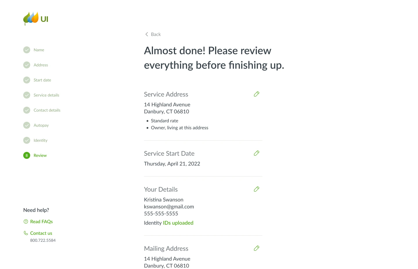 Web review step listing the service address, start date, and details with edit buttons