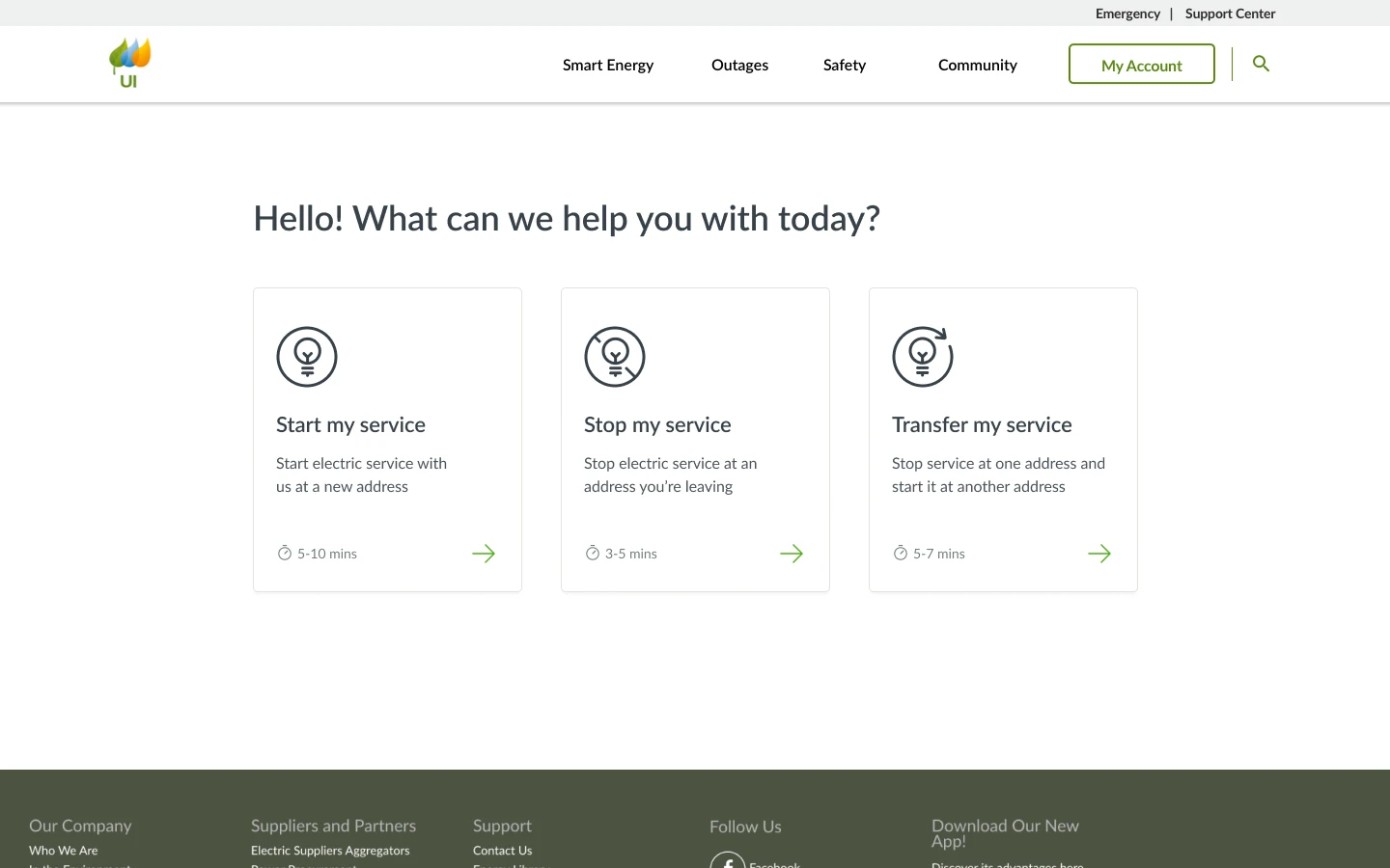 Web start page asking “Hello! What can we help you with today?” with cards to start, stop, or transfer service