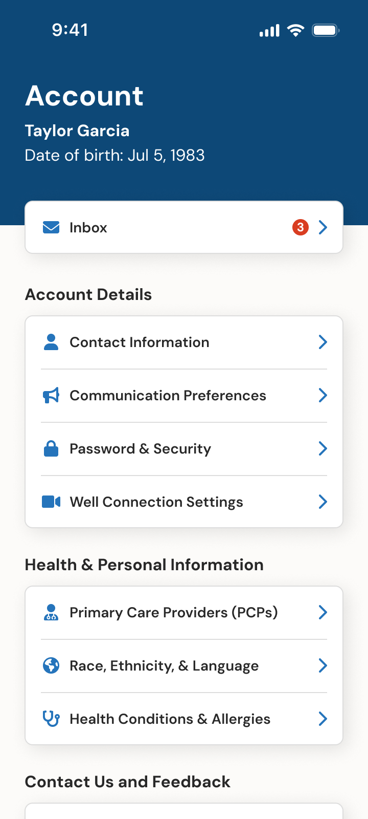 Account screen with contact information, preferences, security, and health information settings