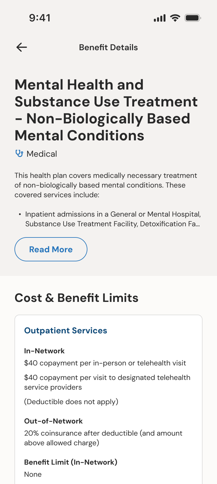 Benefit details for mental health and substance use treatment, with in-network and out-of-network costs