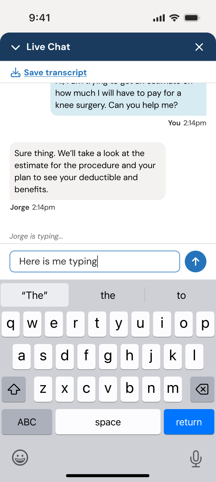 Live chat with a member asking about the cost of knee surgery and an agent replying