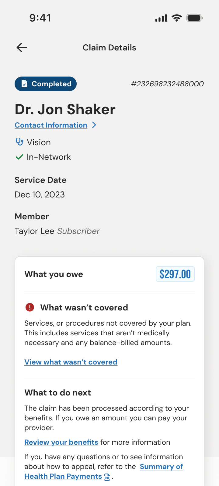Claim details for a completed claim: what you owe, what wasn’t covered, and what to do next