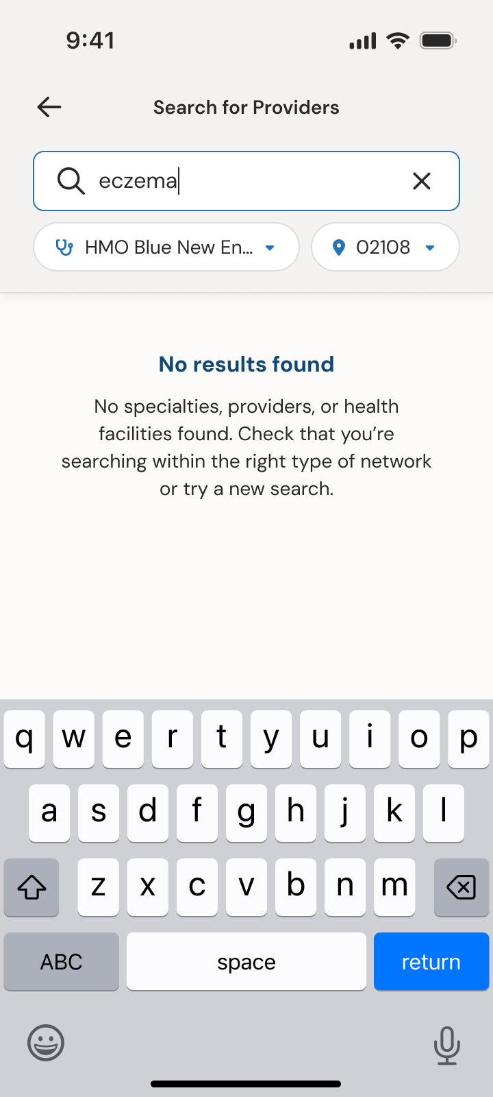 Provider search for “eczema” returning no results