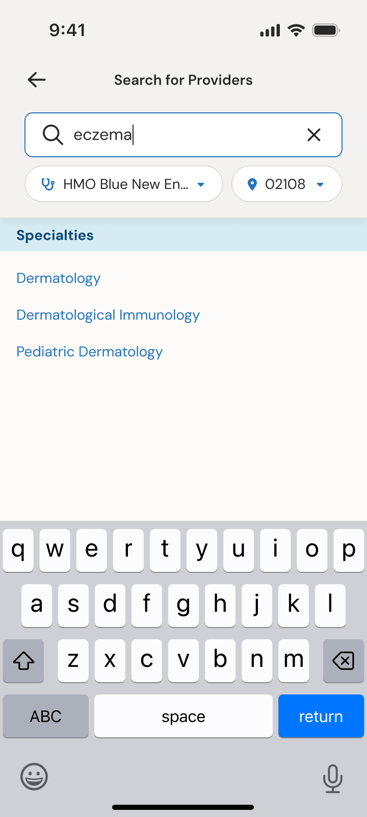 Provider search for “eczema” suggesting related specialties: Dermatology, Dermatological Immunology, and Pediatric Dermatology