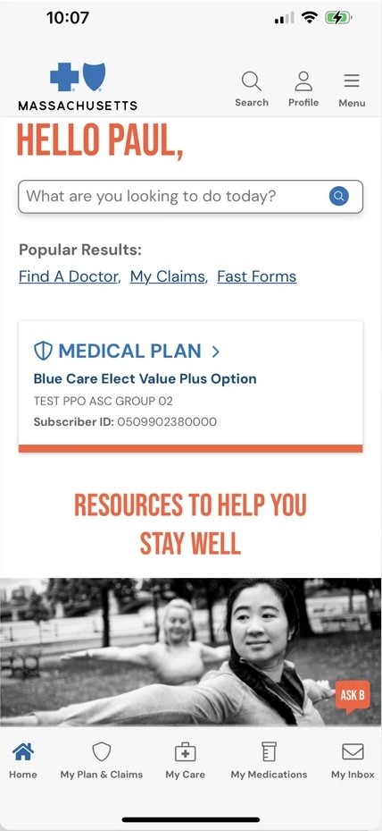 Legacy app home screen greeting the member in orange all-caps type, with a search field and a medical plan card