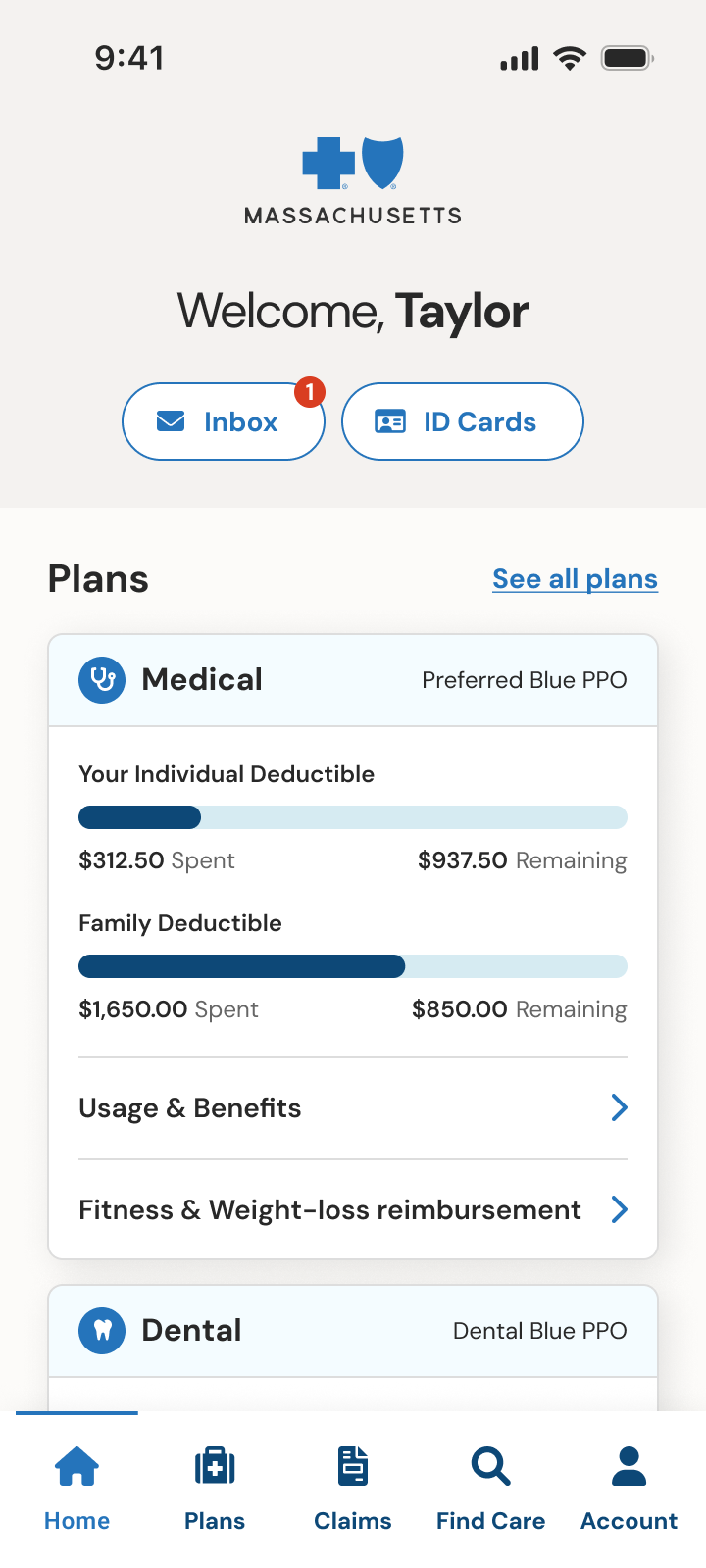Home screen welcoming Taylor, with Inbox and ID Cards shortcuts and medical plan deductible progress