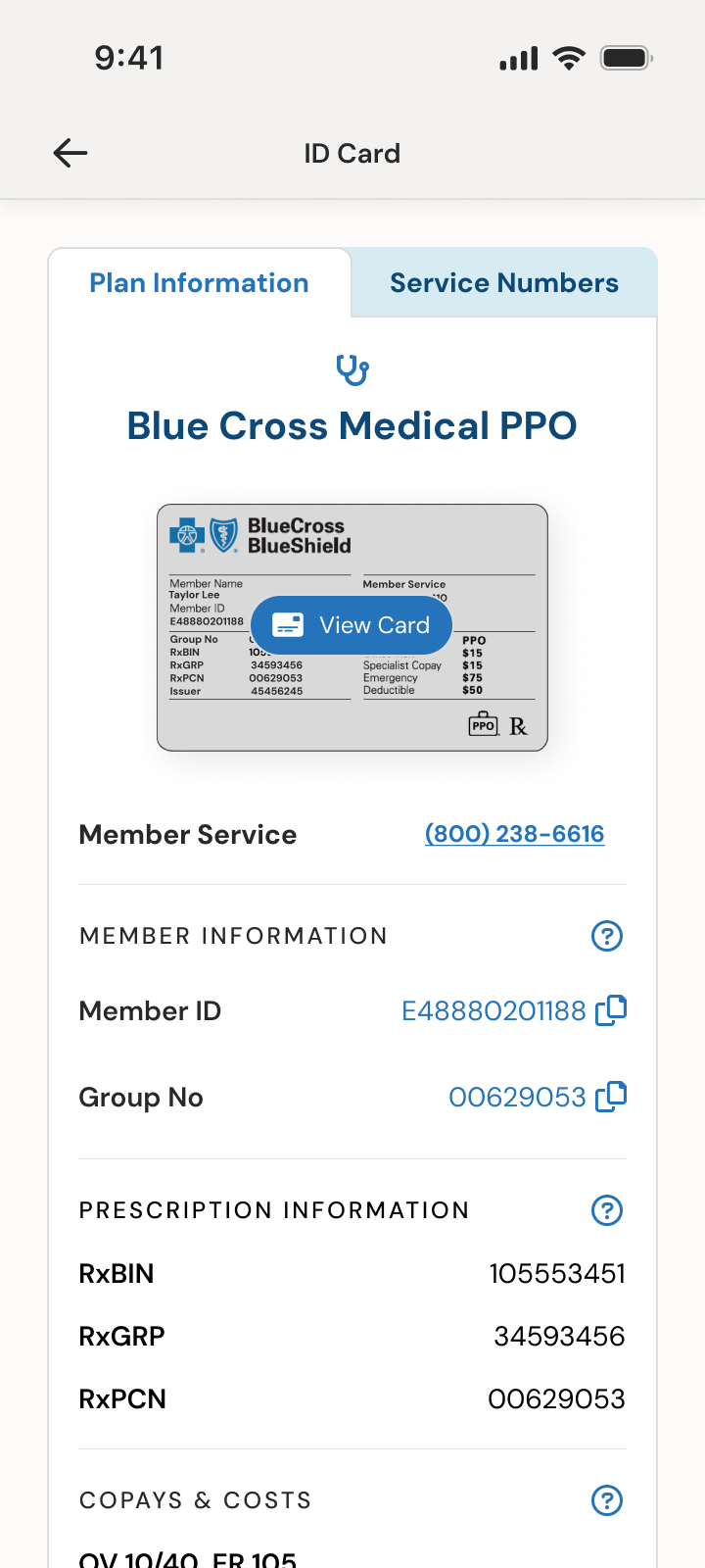 ID card screen with the Blue Cross Medical PPO card, member ID, group number, and prescription information