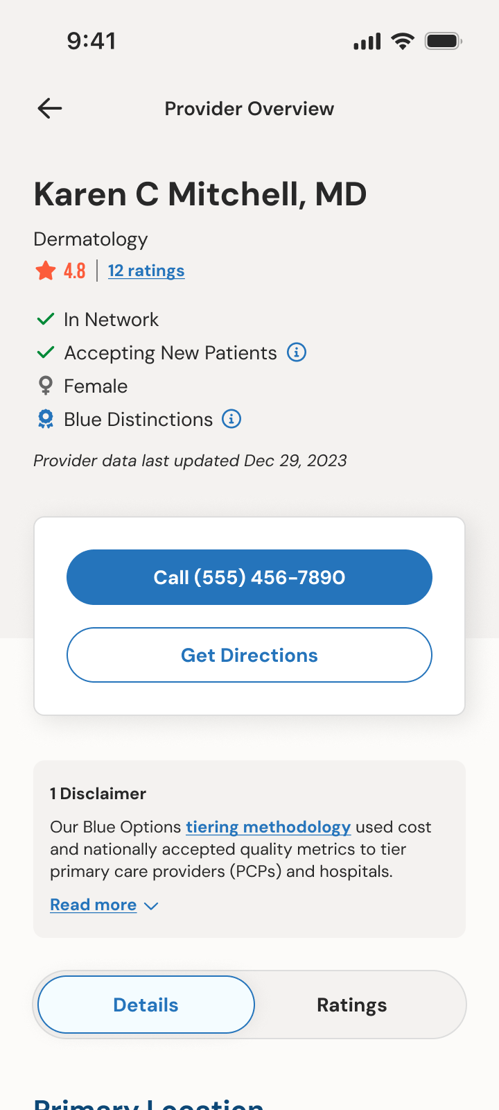 Provider overview for Karen C Mitchell, MD, dermatology, with rating, network status, and call and directions buttons
