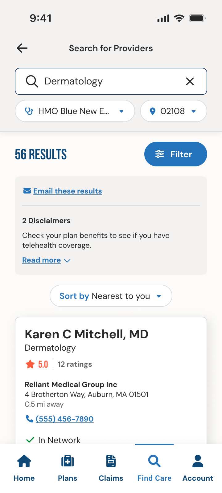 Search results for Dermatology: 56 results with filters, sorting, and a provider card with rating and network status