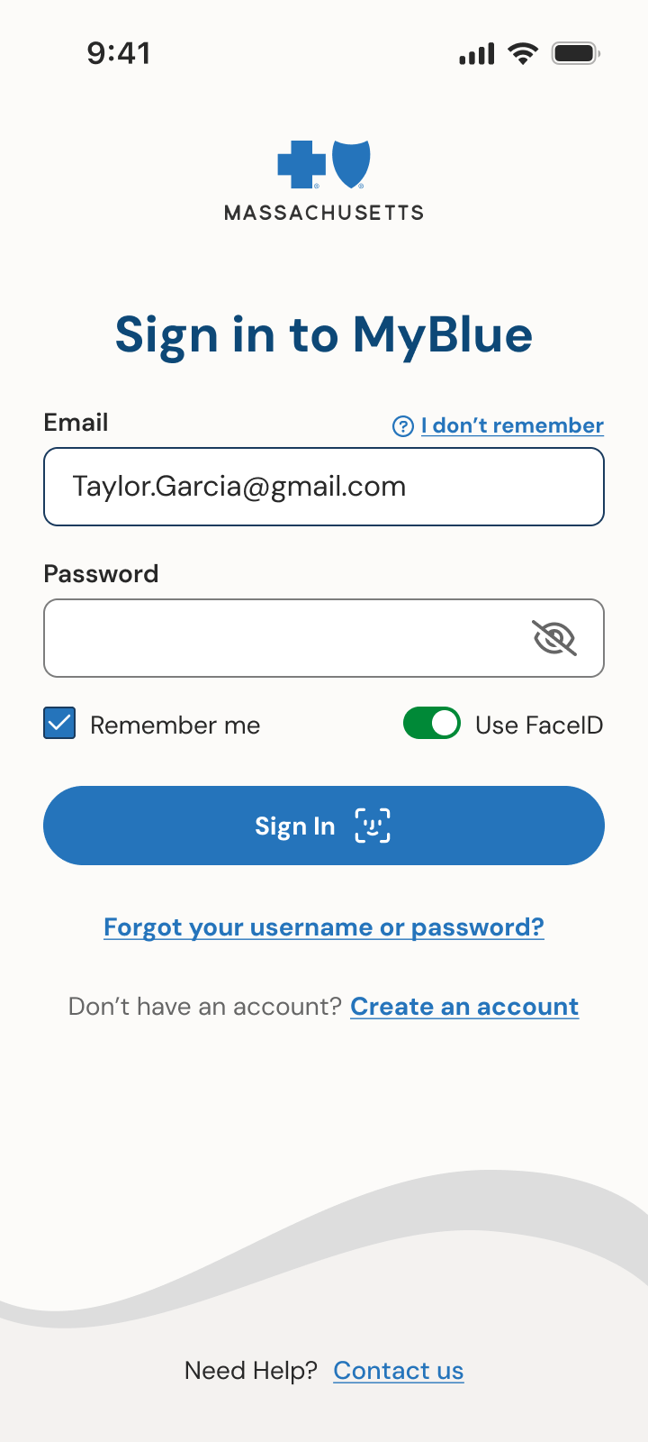 Sign in to MyBlue with email, password, Remember me, and Face ID