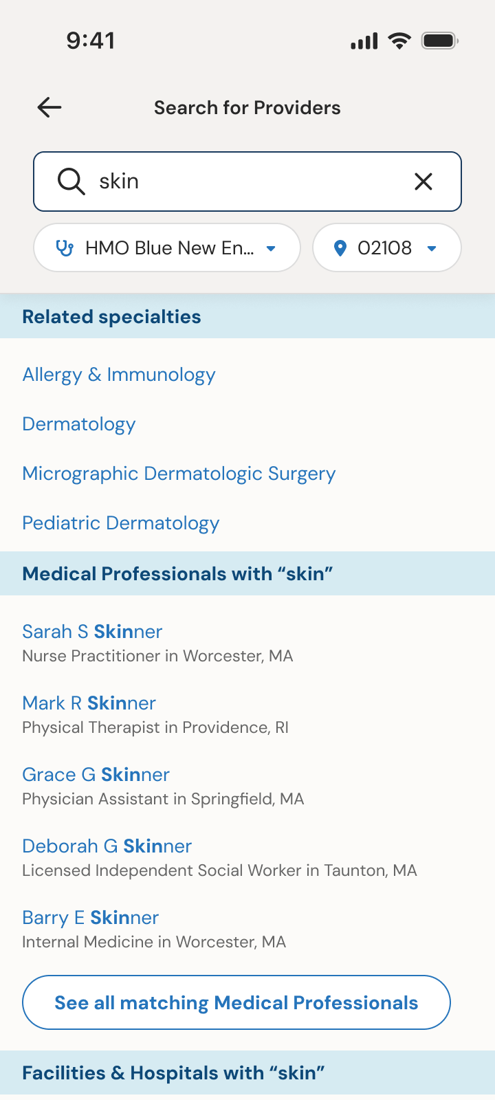 Provider search for “skin” listing related specialties and medical professionals with “skin” in their name