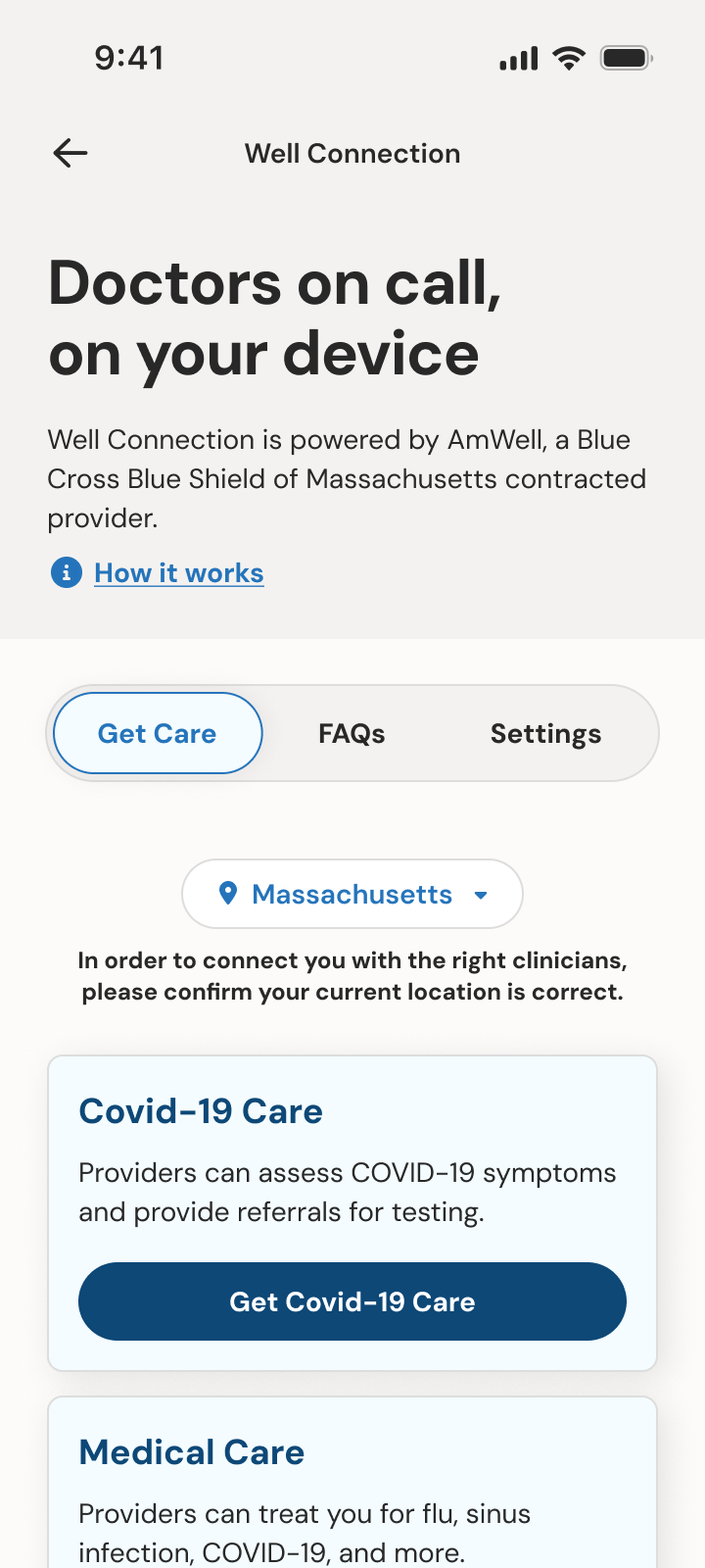 Well Connection: doctors on call, with Get Care, FAQs, and Settings tabs and care options such as Covid-19 Care