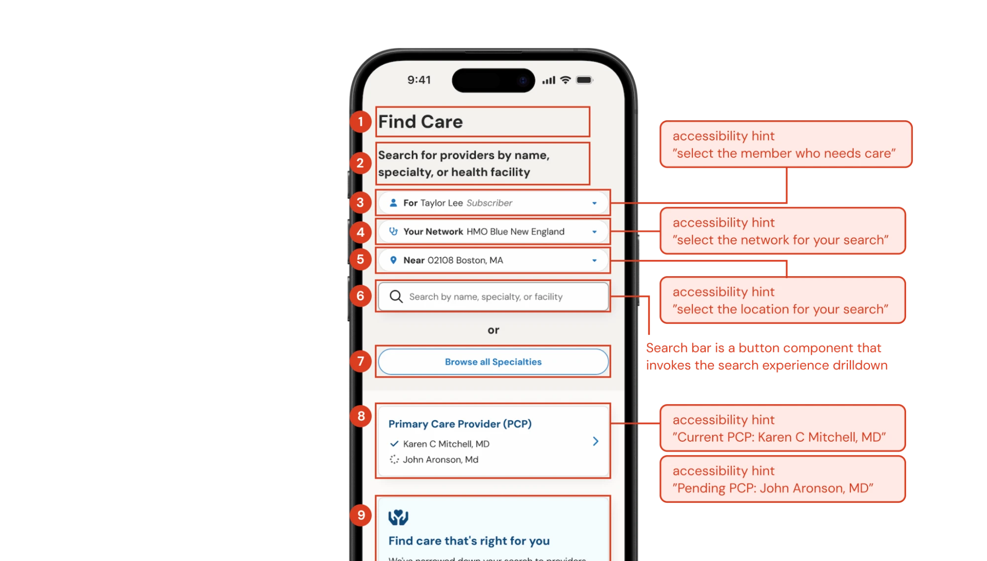 Find Care screen annotated with screen reader focus order and accessibility hint text for each control