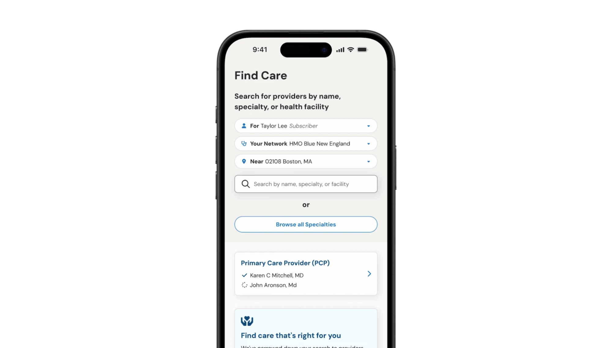 Redesigned Find Care screen with member, network, and location filters and a provider search field