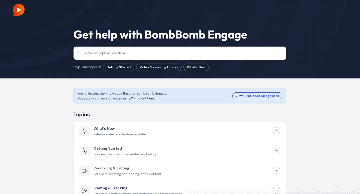 The BombBomb help center for the new platform