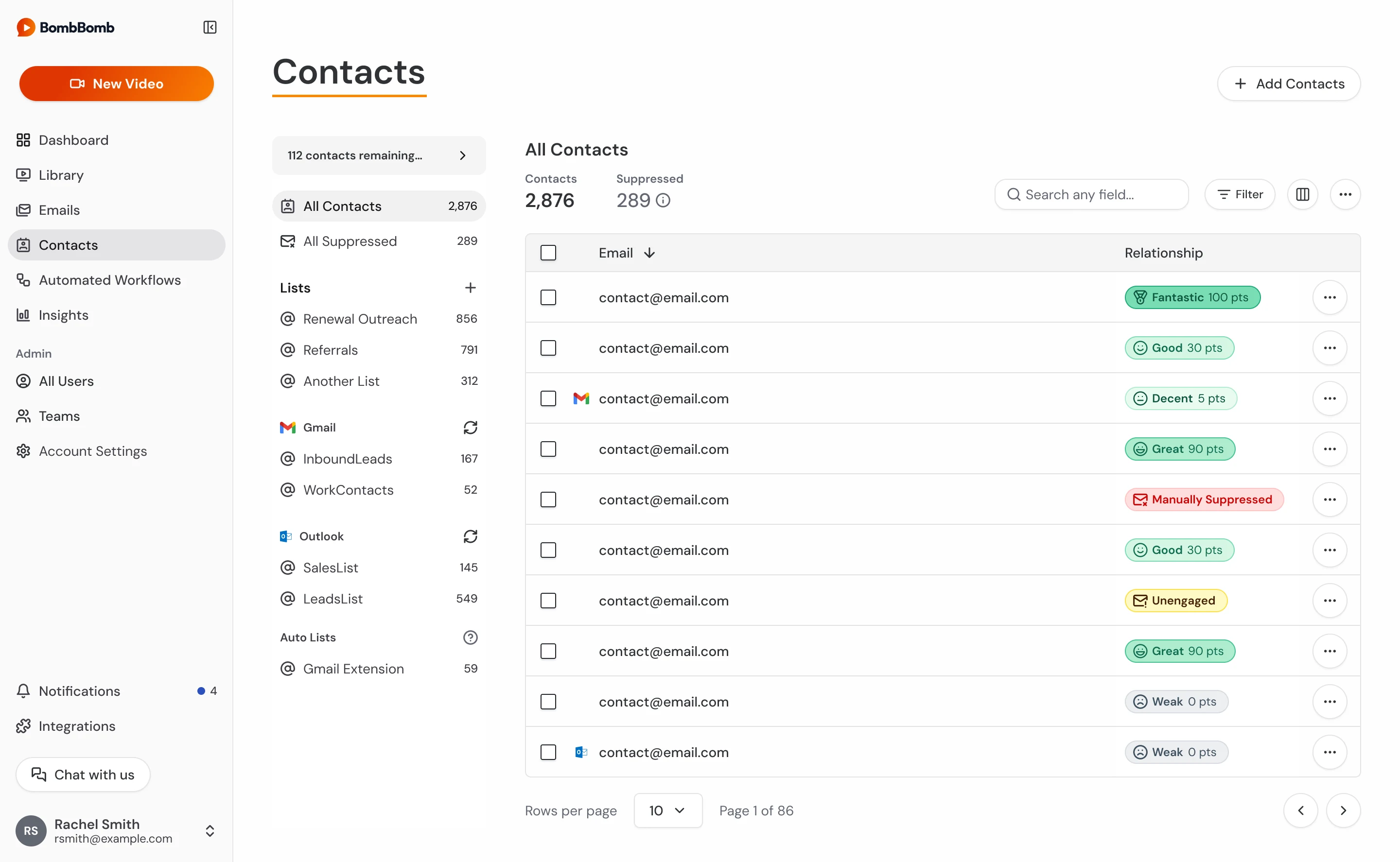 Contacts page with a list of contact lists in the sidebar and a table of contacts showing each contact’s relationship status