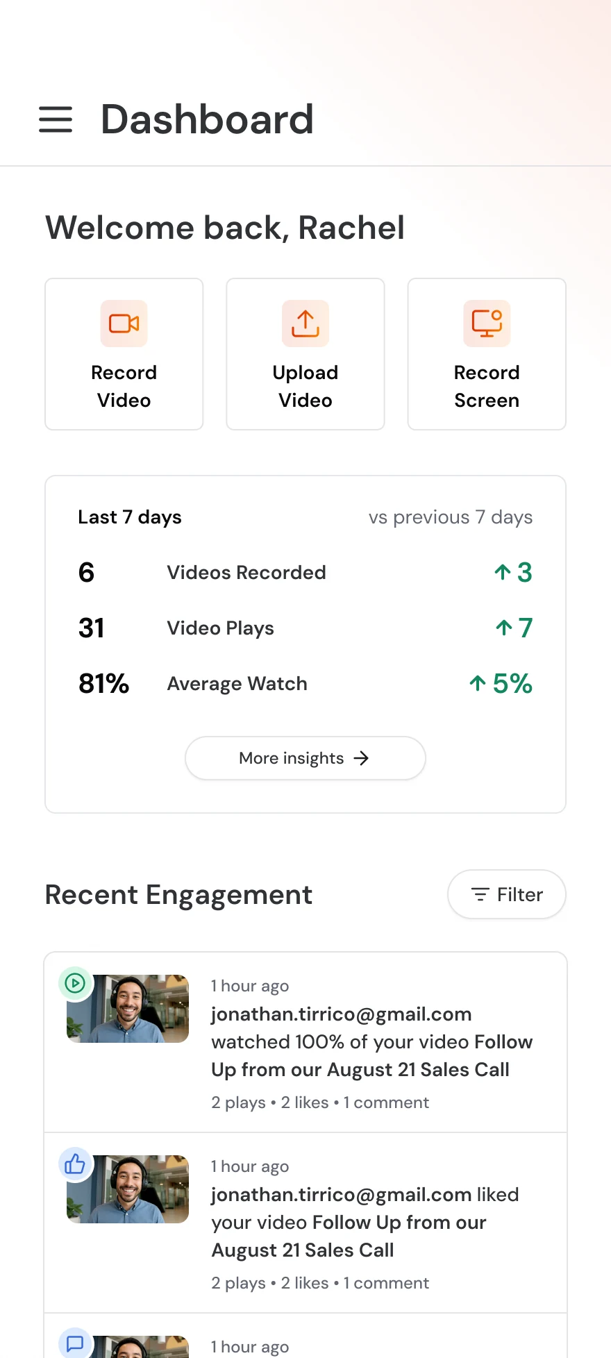 Mobile dashboard greeting the user, with record, upload, and record screen actions, last seven days of stats, and recent engagement