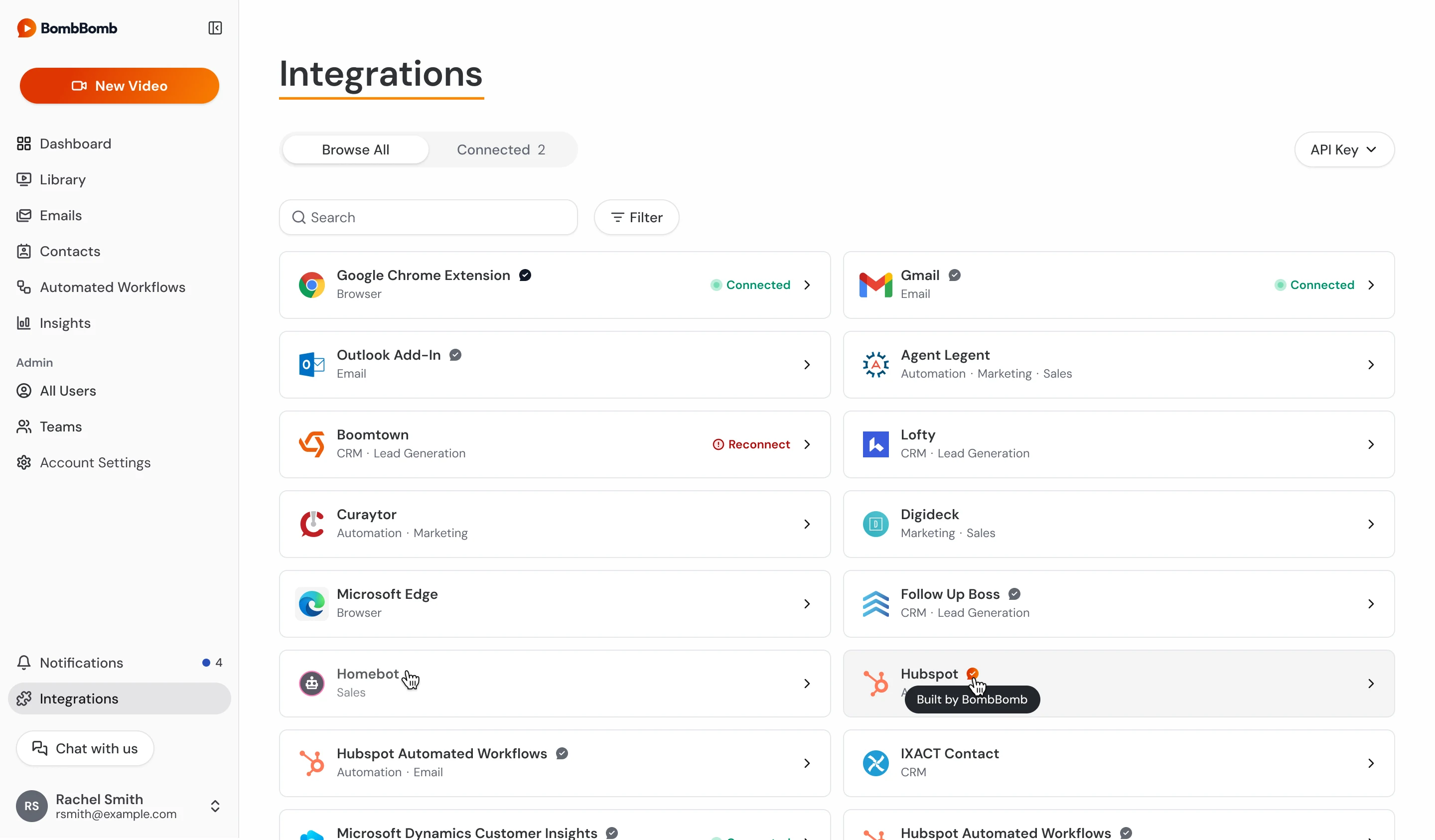 Integrations page with tabs for browse all and connected, search and filter, and a grid of integrations such as Gmail, Outlook, Hubspot, and Microsoft Edge with their connection status