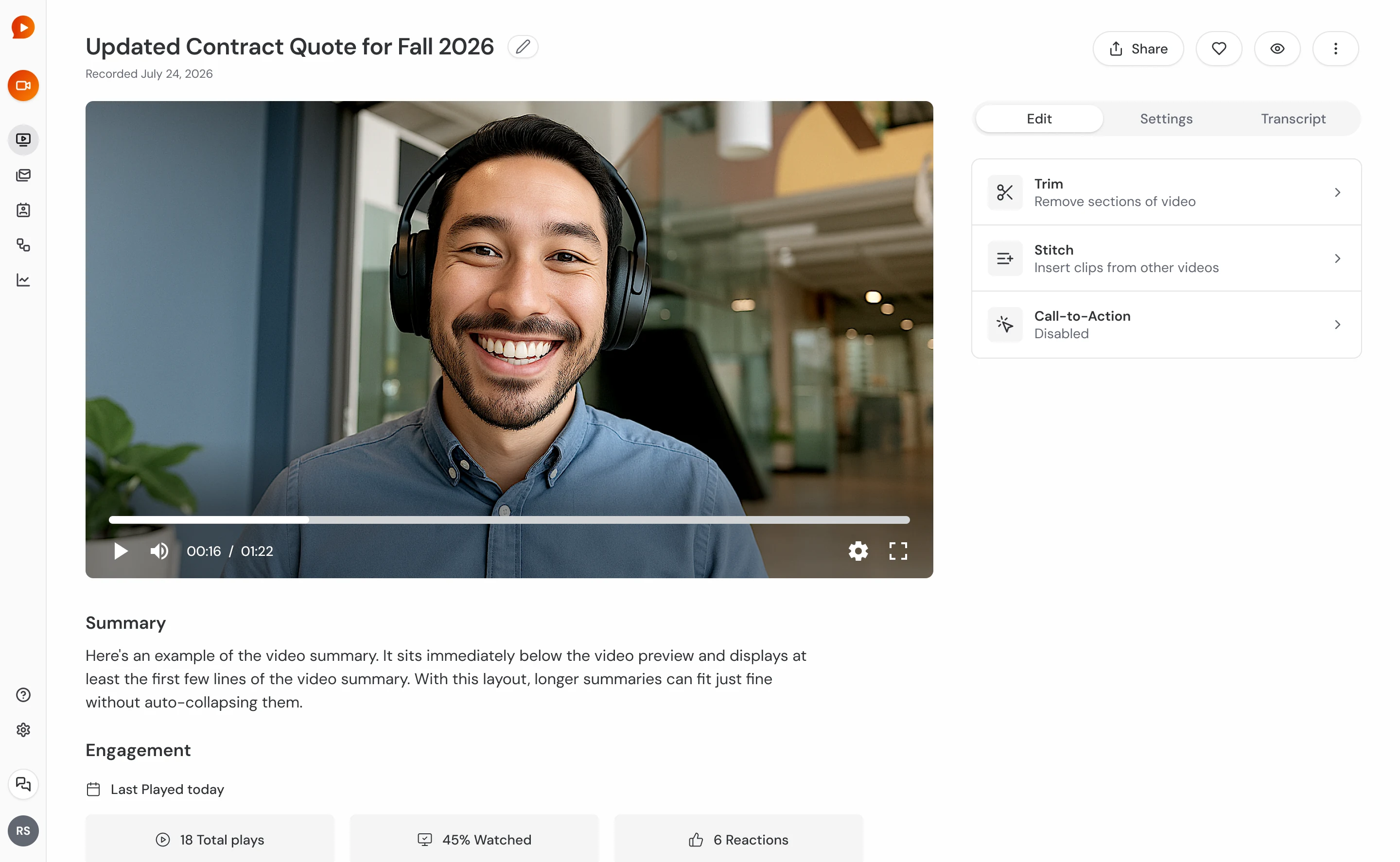 Video page with the video player, summary, and engagement stats, and editing tools for trim, stitch, and call to action in a side panel