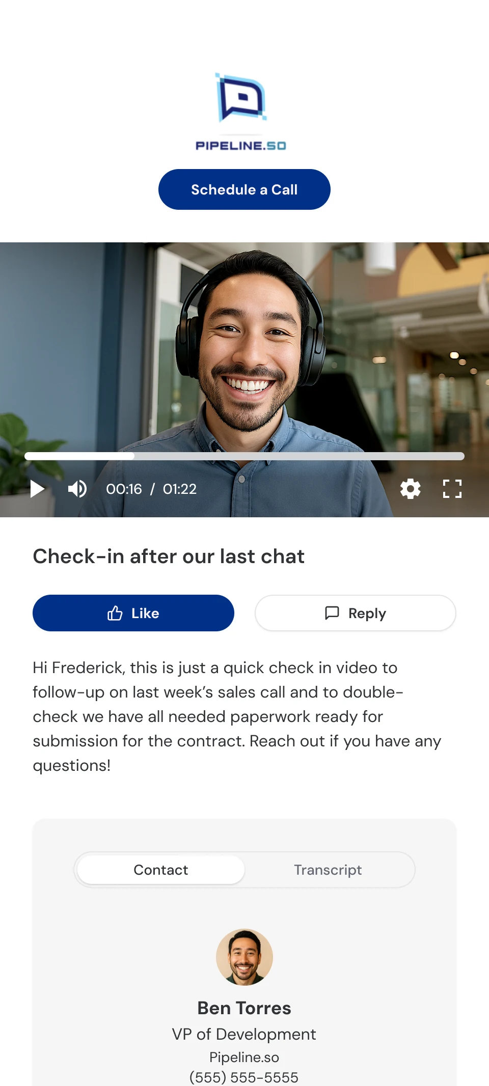 Mobile video player page with a call to action button, the video, like and reply buttons, the message, and the sender’s contact details