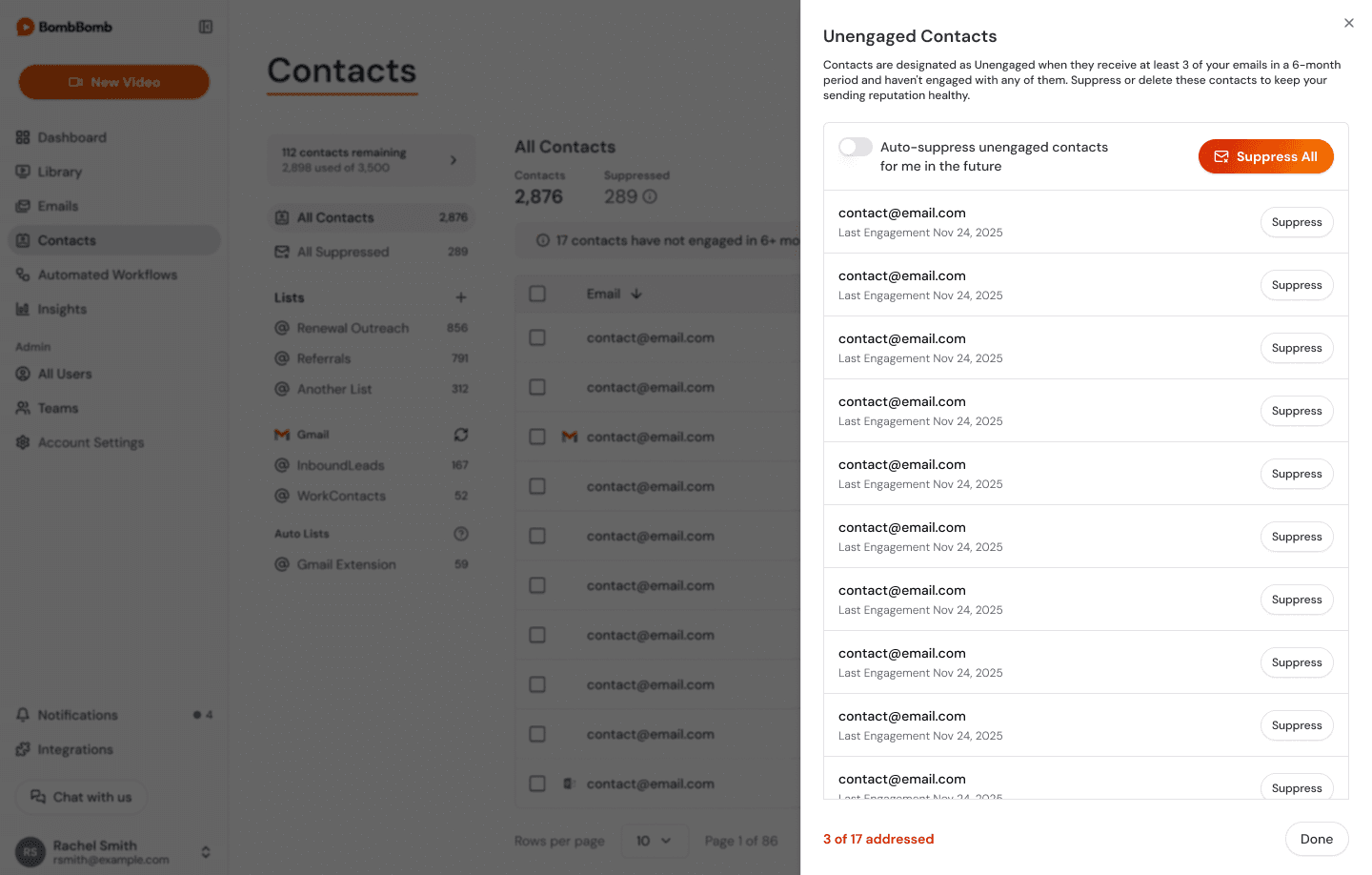 The updated workflow walking a user through suppressing their unengaged contacts
