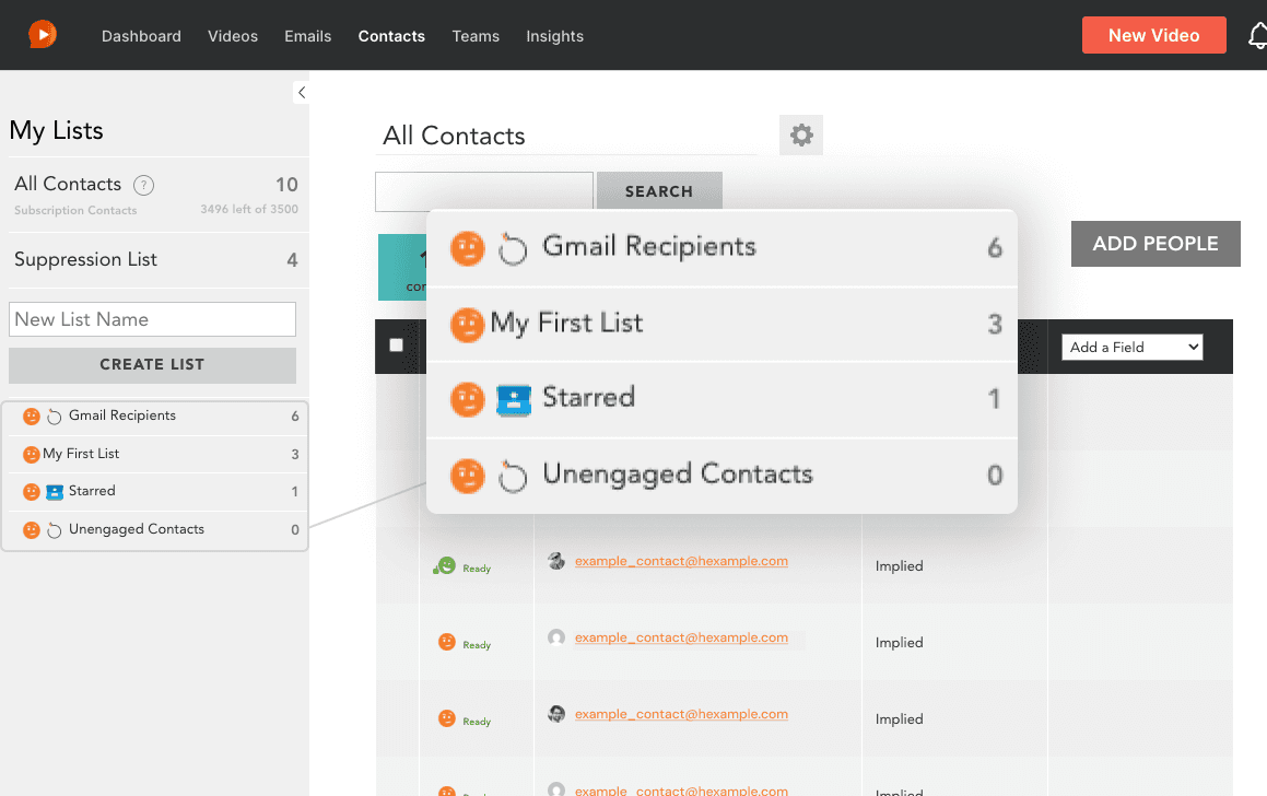 The old platform’s Contacts page, showing the list of unengaged contacts
