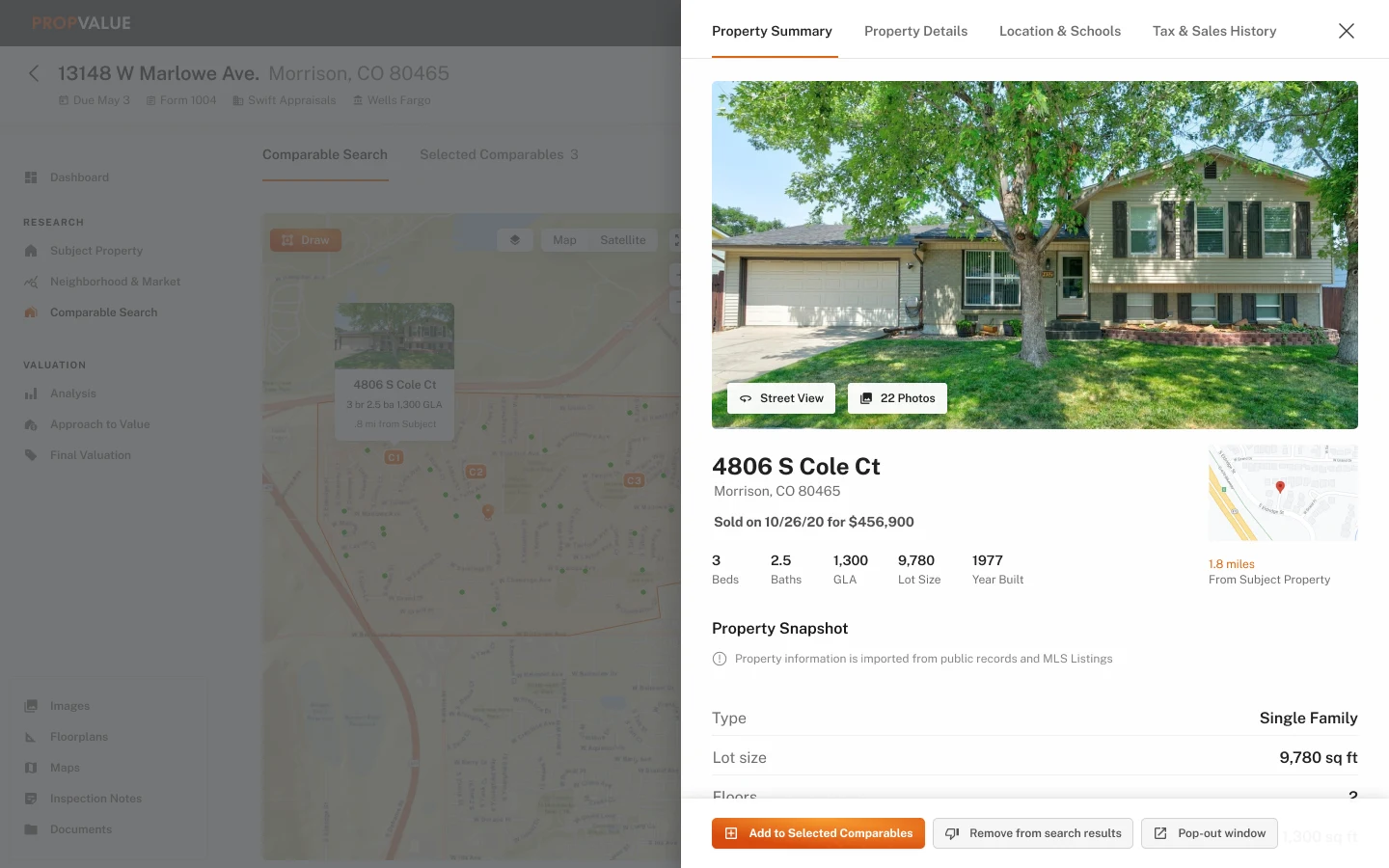 A property quick view over the comparable search, with photos, details, and options to add it to the selected comparables