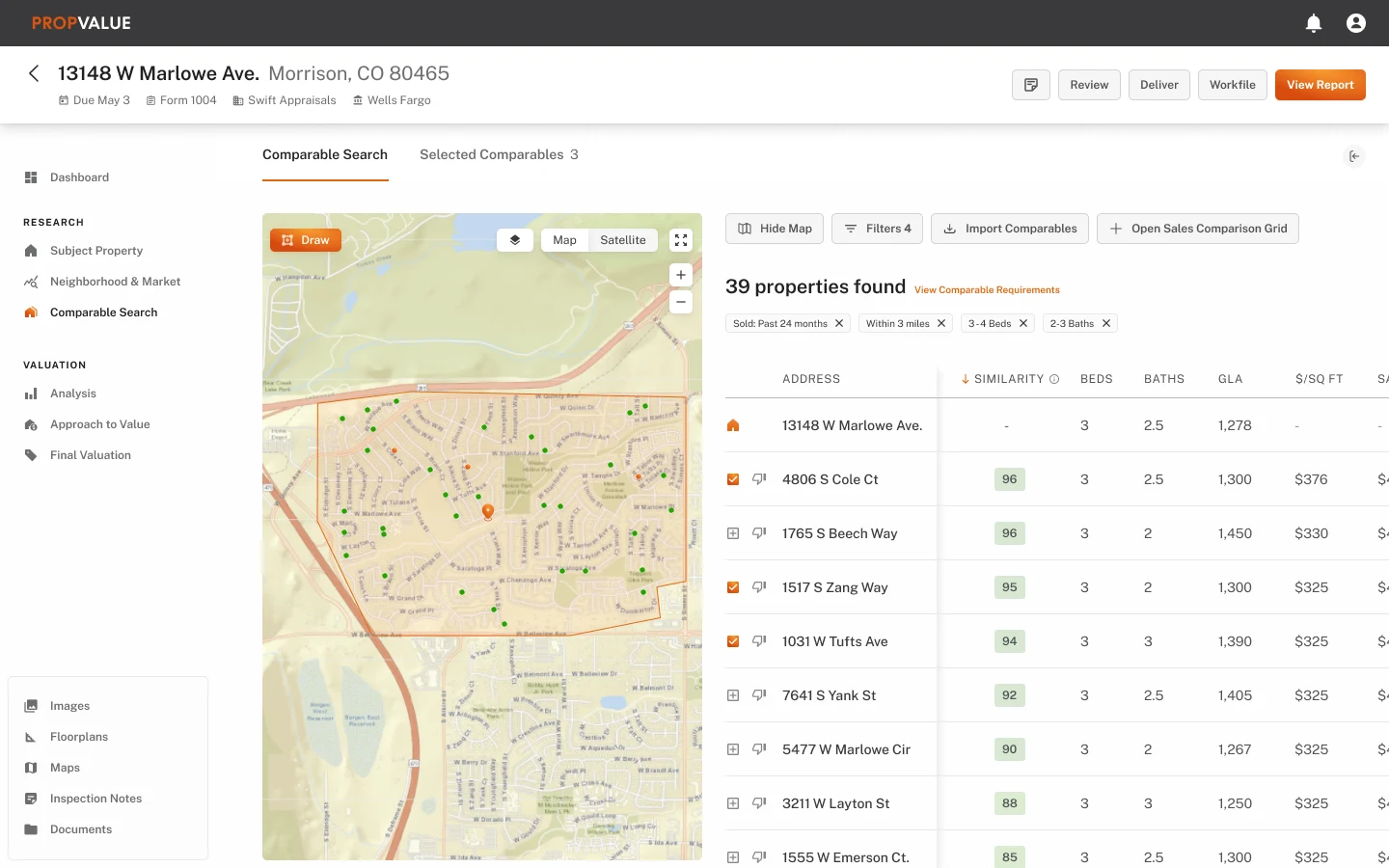 Comparable search with a map of the search area and a ranked table of matching properties