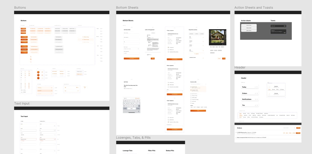 Overview of the design system documentation: pages for buttons, text inputs, bottom sheets, action sheets and toasts, headers, and lozenges, tabs, and pills