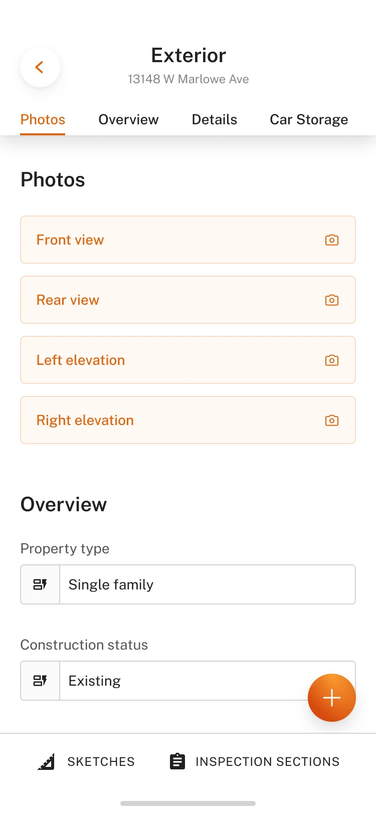 Mobile exterior inspection screen with photo slots for front, rear, and side elevations and an overview section
