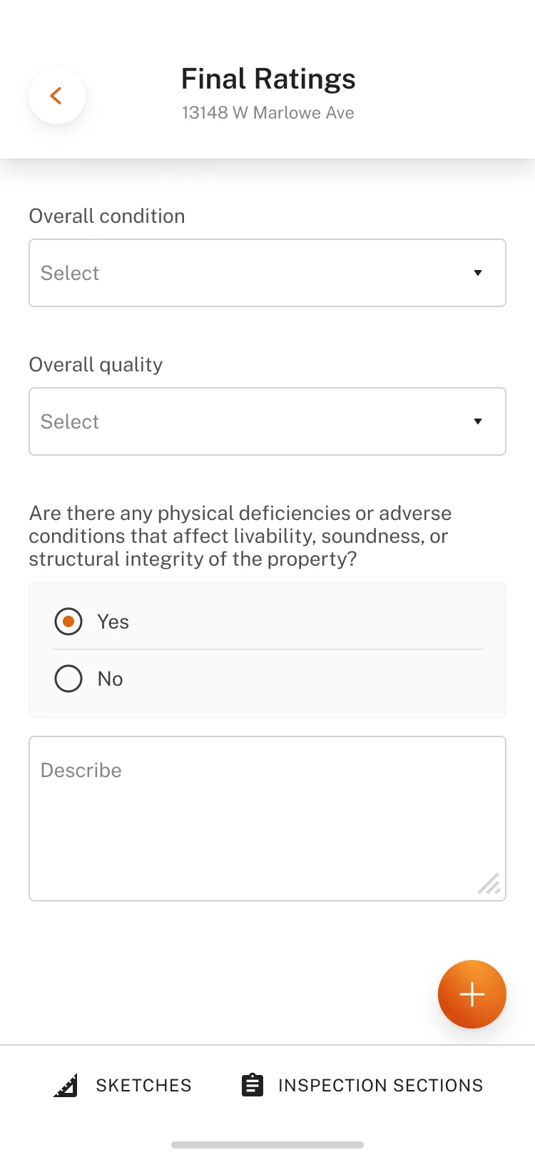 Mobile final ratings screen with overall condition and quality selectors and a question about physical deficiencies
