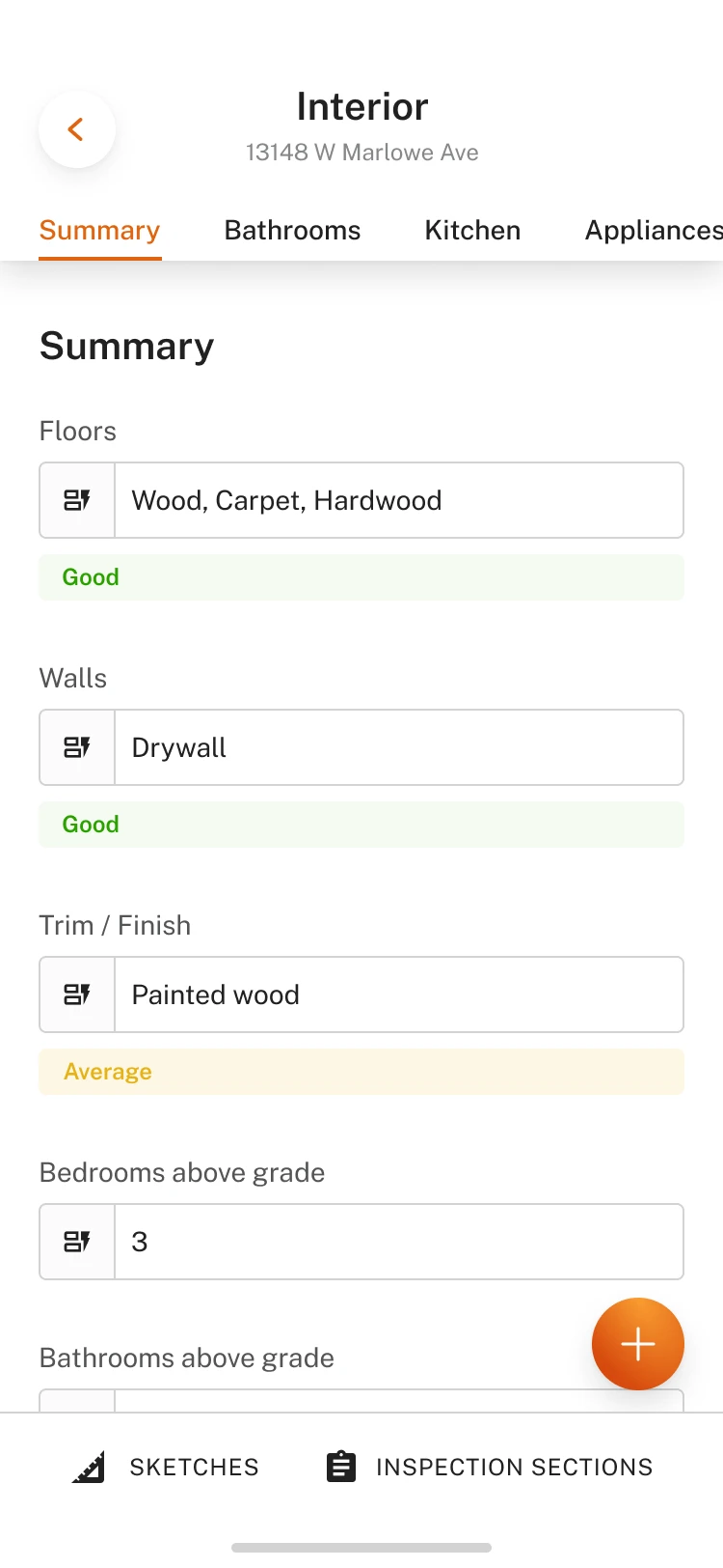Mobile interior inspection summary with floors, walls, trim, and bedroom fields