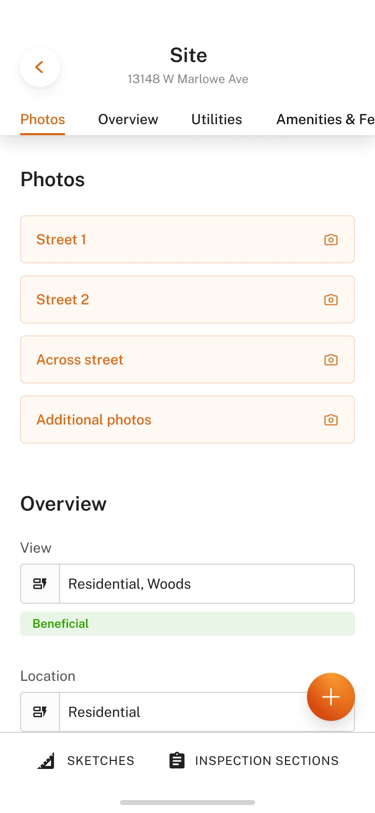 Mobile site inspection screen with photo slots for street views and an overview section