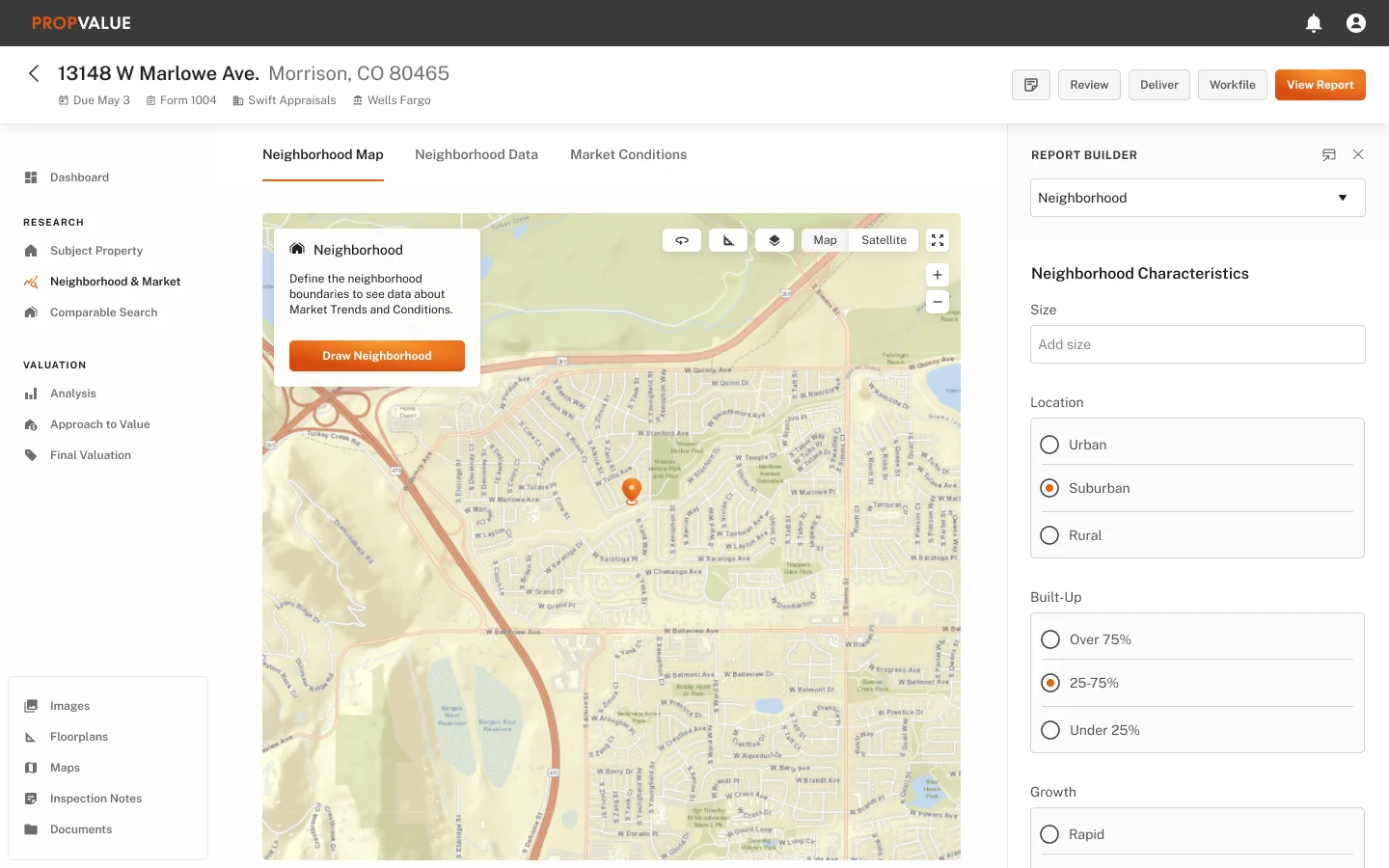 Neighborhood map with a drawn boundary and a report builder panel for neighborhood characteristics
