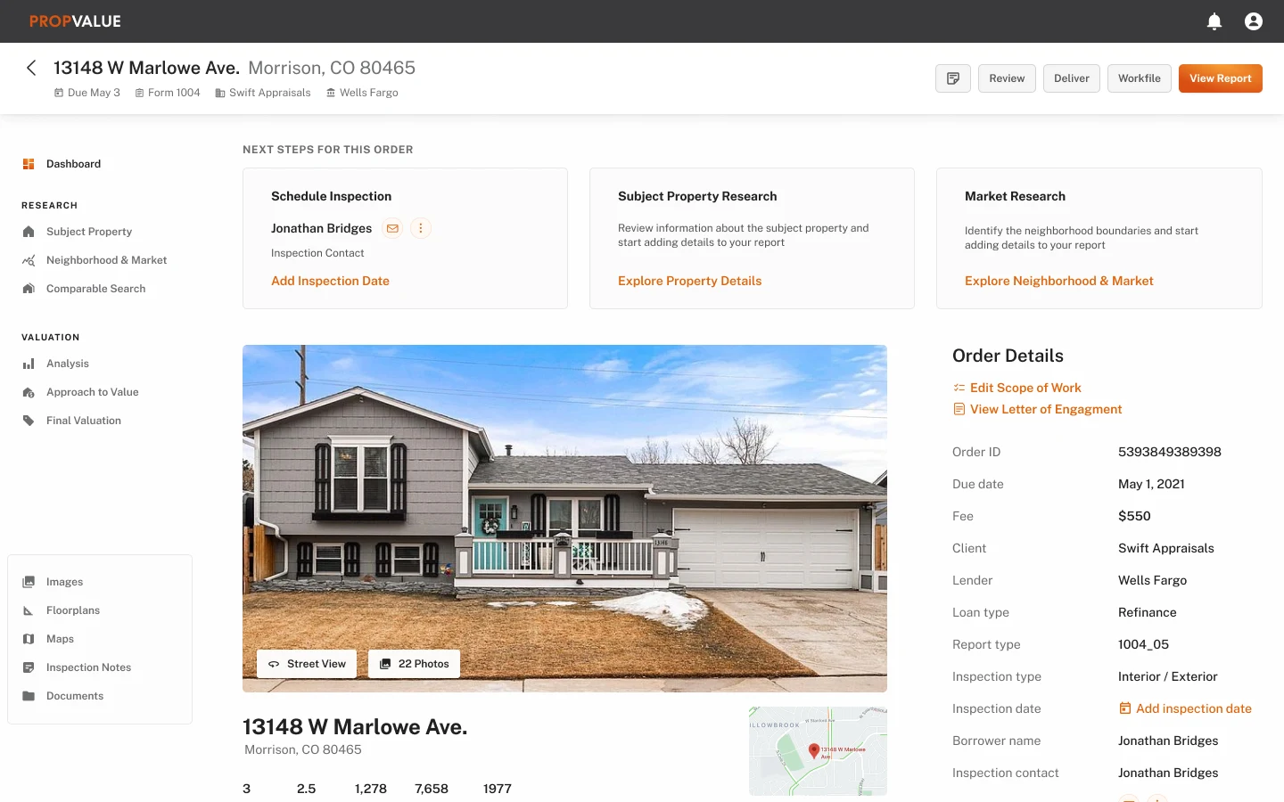 Order dashboard with next steps, a property photo, order details, a property snapshot, and milestones