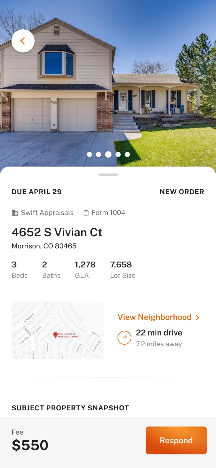 Mobile order details for a new order, with a property photo, address, beds, baths, living area, lot size, a neighborhood link, and a Respond button