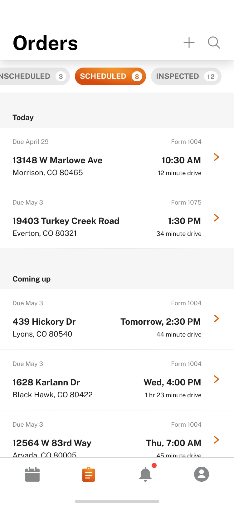 Mobile Orders screen filtered to scheduled orders, grouped into today and coming up