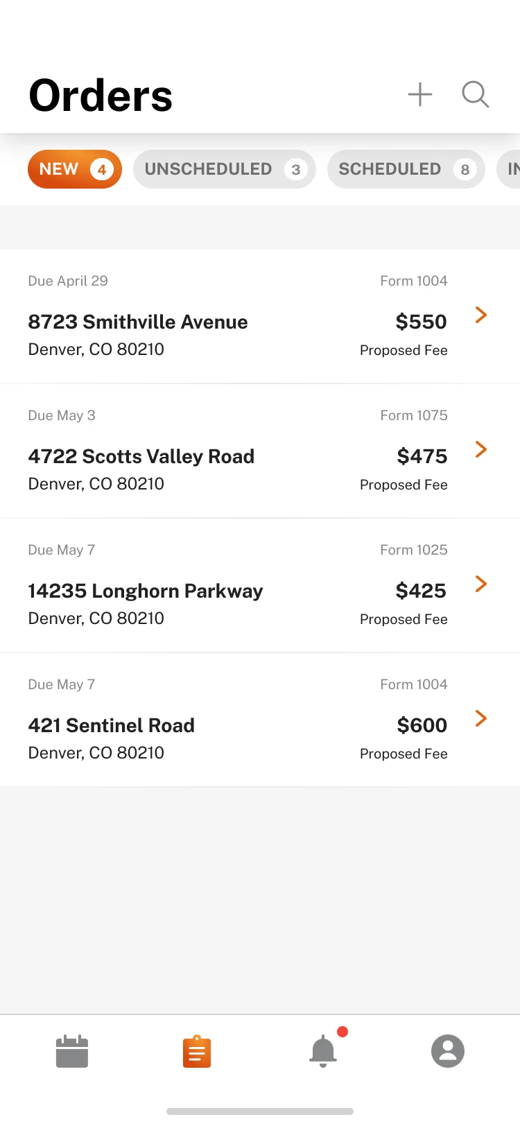 Mobile Orders screen filtered to new orders, showing due date, form type, address, and proposed fee for each