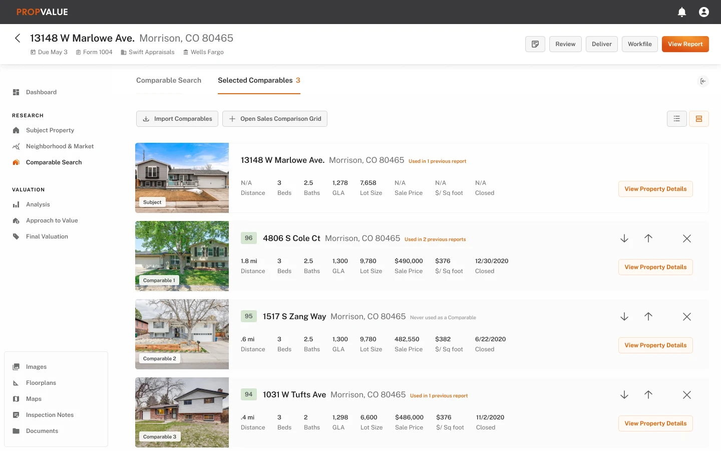 Selected comparables listed with photos, distance, and sale details