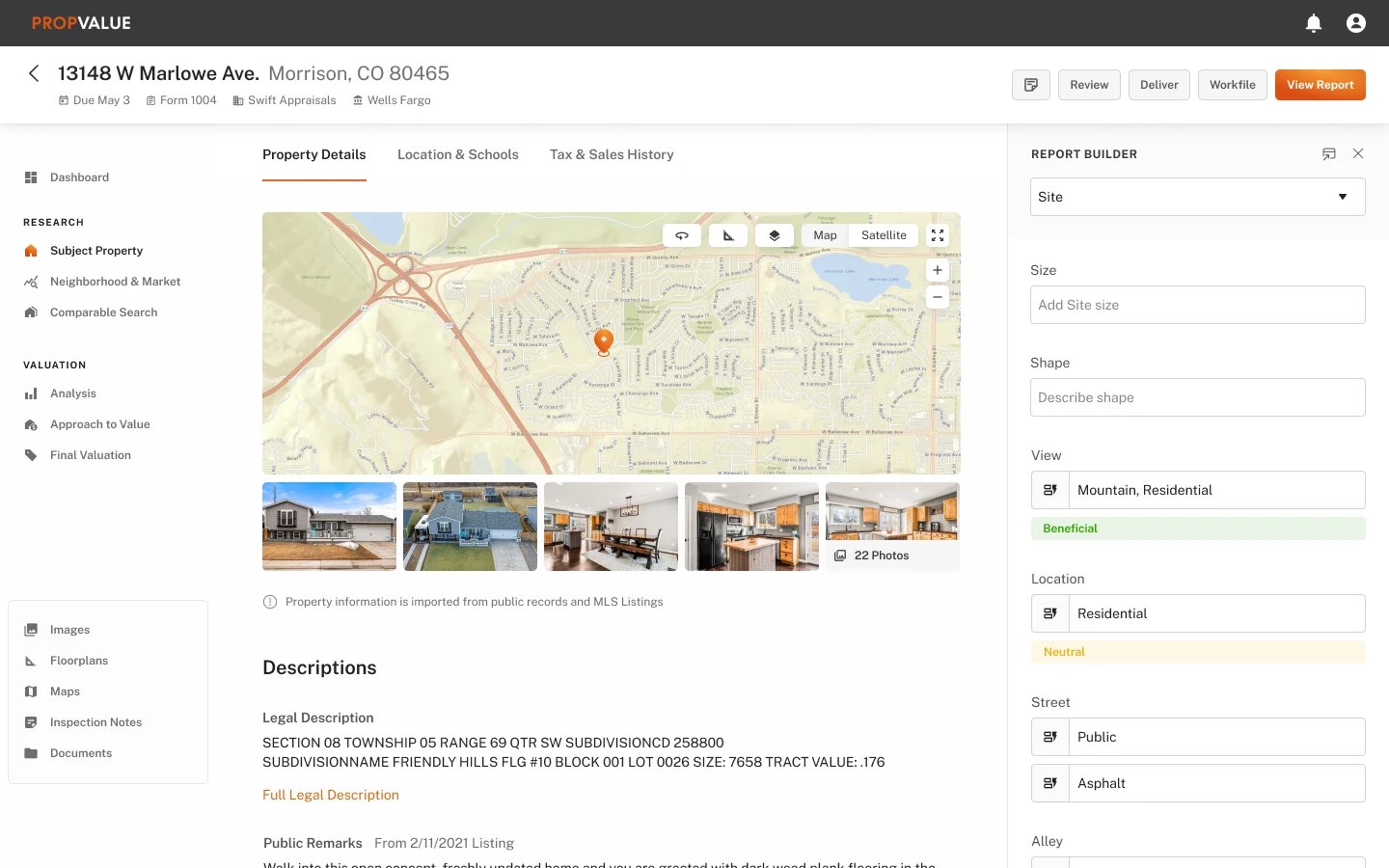 Subject property module with a property summary and tabs for details, location and schools, and tax and sales history