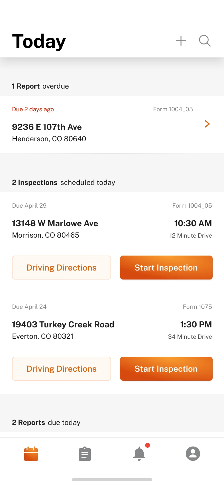 Mobile Today screen listing a report that is overdue, two inspections scheduled today with driving directions and a Start Inspection button, and reports due today
